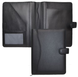 black bonded leather day planner cover with tab closure