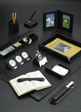 Leather Black Desktop Set with Chrome-Plated Brass Accents Set
