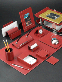 Red Stitched Leather Artistic Desk Pad Set