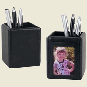 black leather desktop pen and photo holder