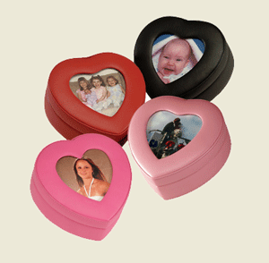 heart-shaped picture frame boxes in red, pink, wildberry and black leather