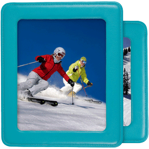 turpuoise stitched leather photo frames with rounded corners