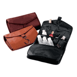 black Burgundy and tan leather hanging toiletry cases