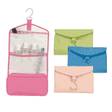 wildberry, ocean blue, Key Lime green and carnation pink leather hanging toiletry cases