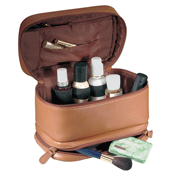 classic tan leather zippered cosmetic travel case