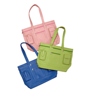 pink green and blue leather business totes
