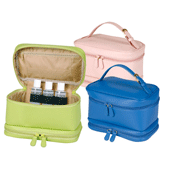 green blue and pink colored leather cosmetic travel cases