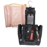 carnation pink and black leather hanging toiletry cases