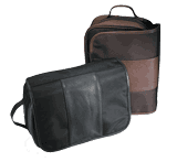 black and brown leather and nylon hanging toiletry bags