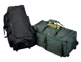 black and green polyester rolling duffels