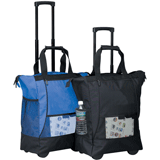 blue and black polyester rolling convention totes
