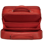 inside view of red leather rolling computer travel case