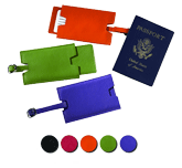 orange, green and violet leather privacy luggage tags