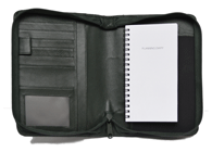 zippered green leather organizer cover with calendar inside