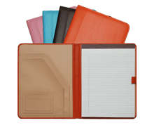 pink, blue, brown and pumpkin leather padfolios