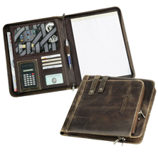 brown distressed leather padfolio with elastic accessory straps