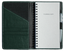 inside front cover of green leather pocket weekly planner