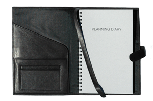 inside front cover of black leather Forever weekly planner system