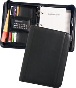 black leather three-ring zippered organizer planners