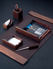 Brown and Wood Desk Set, 6 Piece Leather Brown & Wood Desk Pad Set